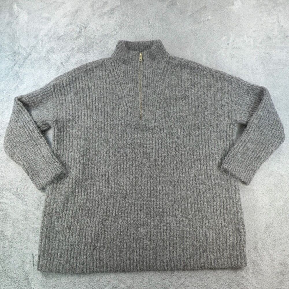 EXPRESS Wool Blend Mock Neck Sweater Womens LGray Ribbed Knit 1/4 Zip Pullover